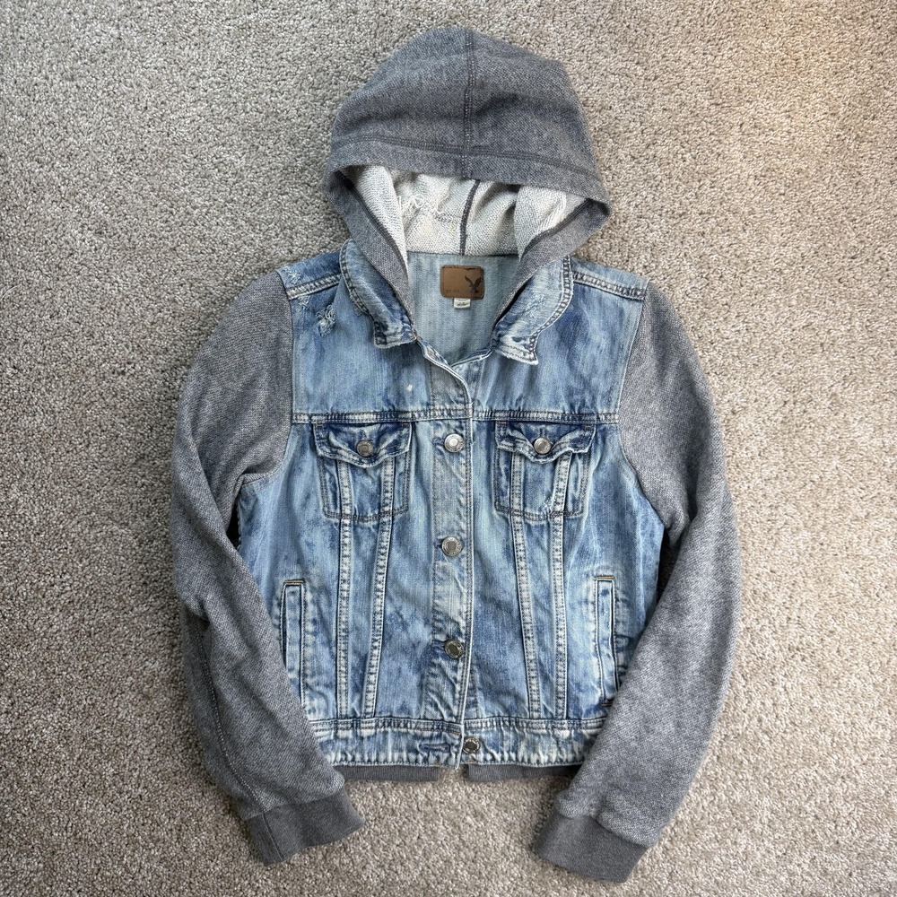 American Eagle Outfitters Jacket Womens Large Blue Denim Hooded Button Front